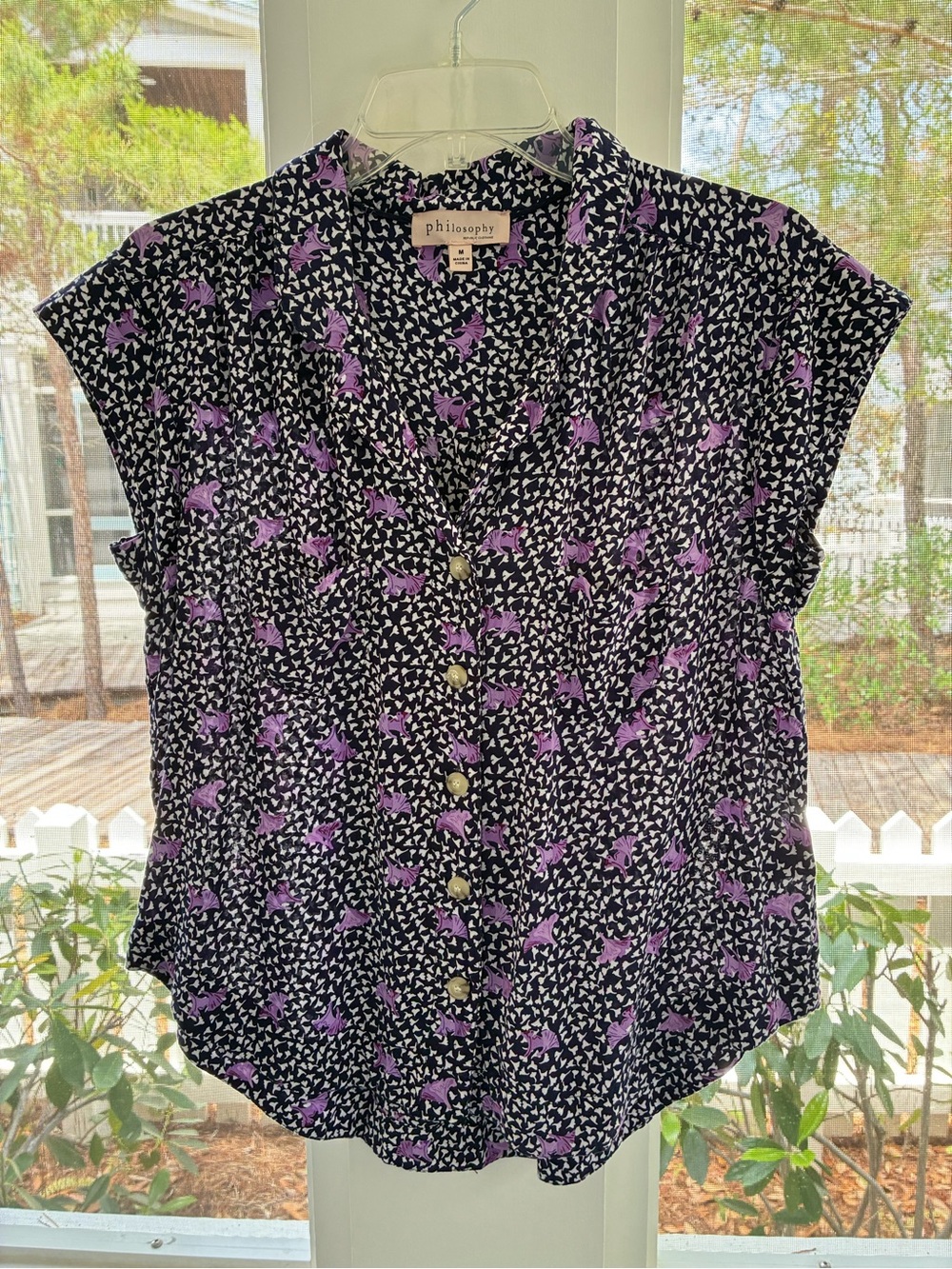 Philosophy Button-Front Top with Purple Floral Print